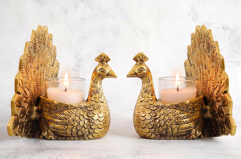 Kridaykraft Metal Dancing Peacock Pair Vastu Figurine for Good Luck and Love | Votive Candle Holder for Home Dcor Tabletop Living Room Office | Showpiece Statue for Gifting (Set of 2 pcs) - Image 2