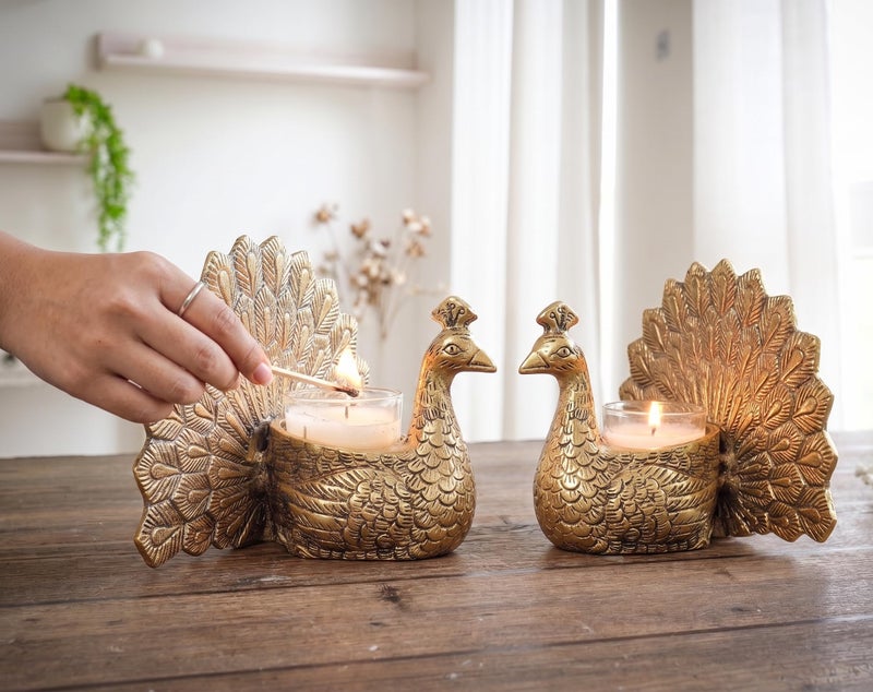 Kridaykraft Metal Dancing Peacock Pair Vastu Figurine for Good Luck and Love | Votive Candle Holder for Home Dcor Tabletop Living Room Office | Showpiece Statue for Gifting (Set of 2 pcs) - Image 1