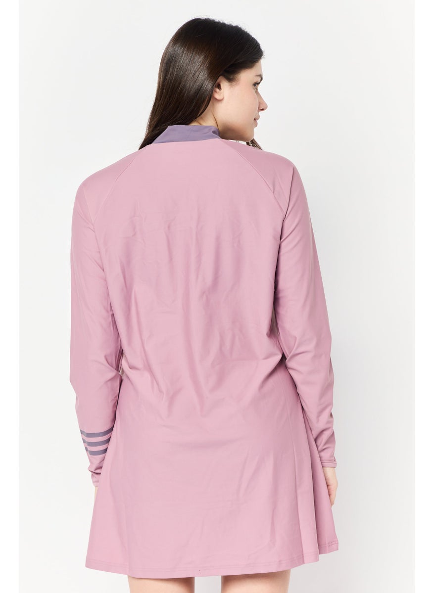 Adidas Women Brand Logo Half Zip Padded Swim Top, Mauve  - Image 4
