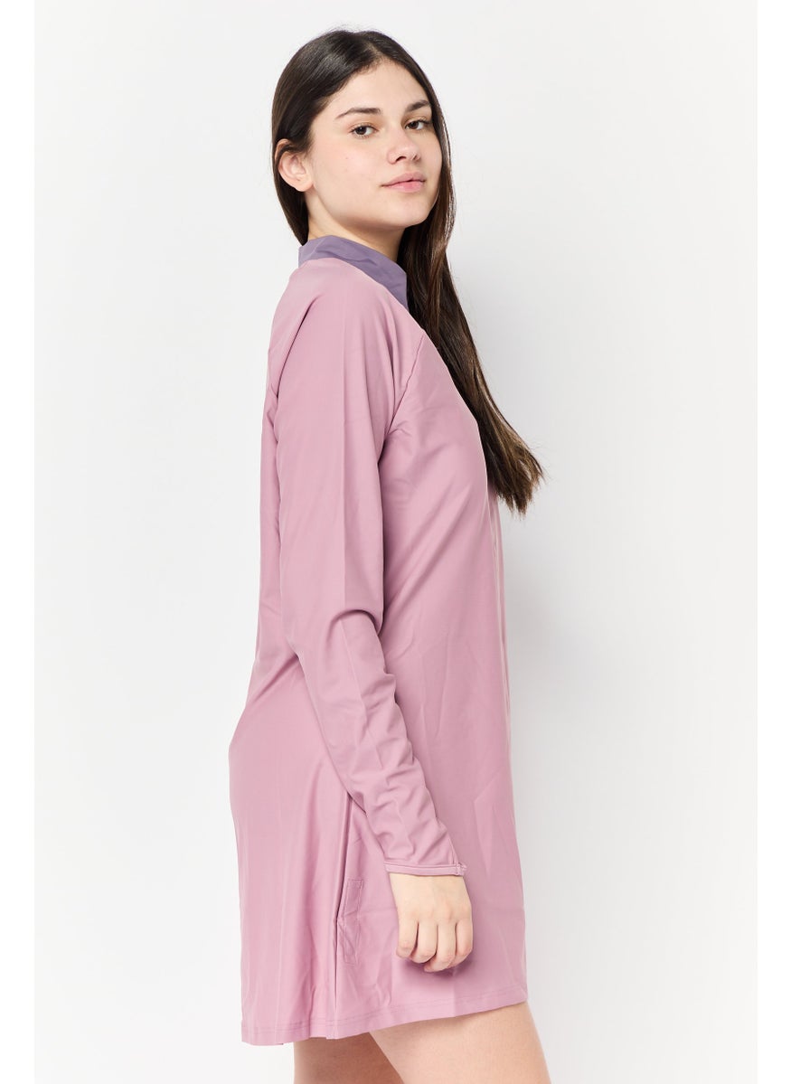 Adidas Women Brand Logo Half Zip Padded Swim Top, Mauve  - Image 3