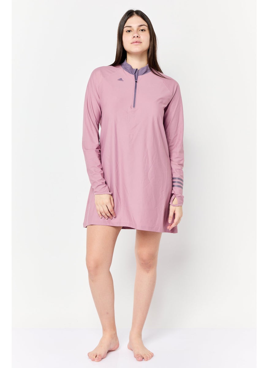 Adidas Women Brand Logo Half Zip Padded Swim Top, Mauve  - Image 2