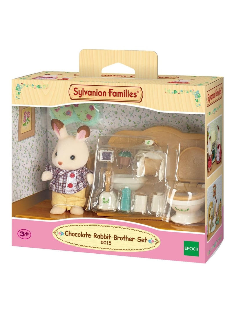 Sylvanian Families - Chocolate Rabbit Brother with Bathroom Accessories | Includes Sink, Toilet, Bath Mat, Soap, and Toilet Paper | Velvety Doll, 7 cm | Ideal for Ages 3 & Up - Image 1