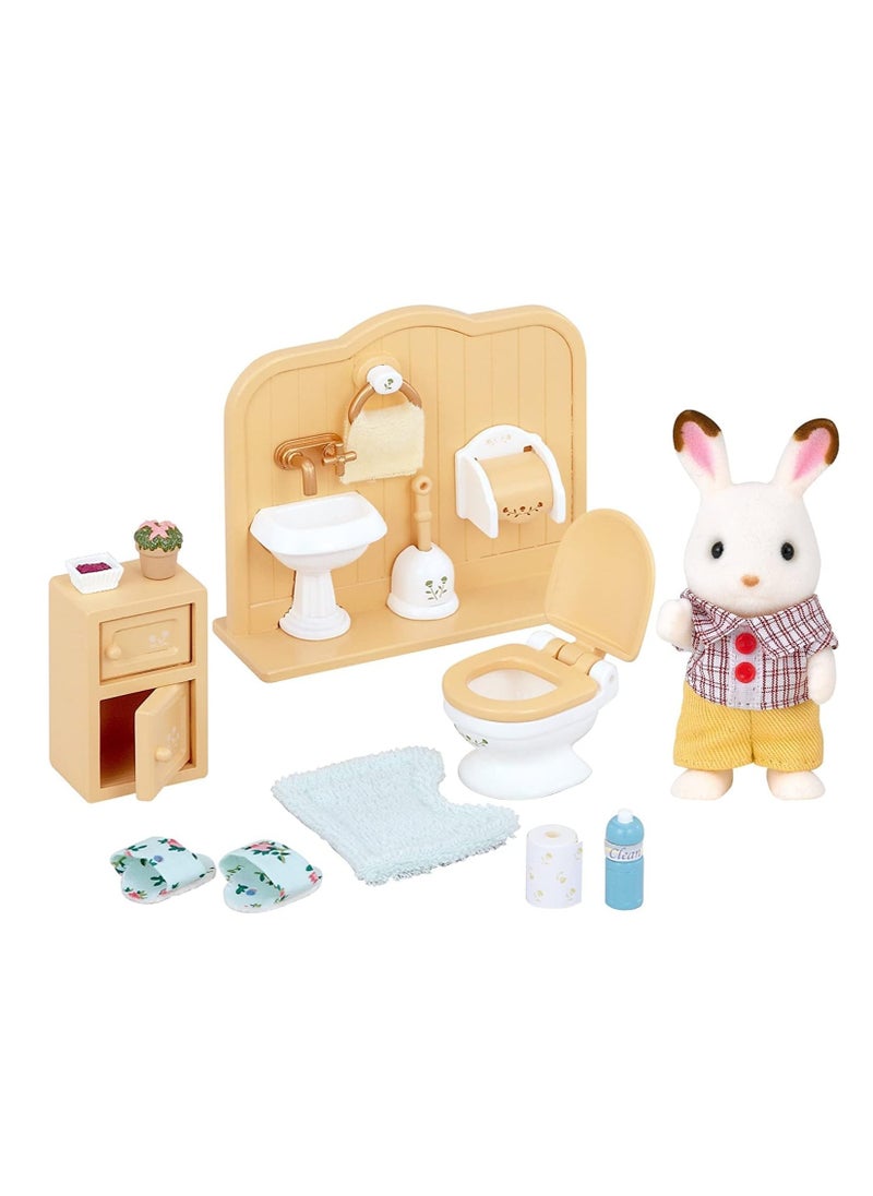 Sylvanian Families - Chocolate Rabbit Brother with Bathroom Accessories | Includes Sink, Toilet, Bath Mat, Soap, and Toilet Paper | Velvety Doll, 7 cm | Ideal for Ages 3 & Up - Image 1