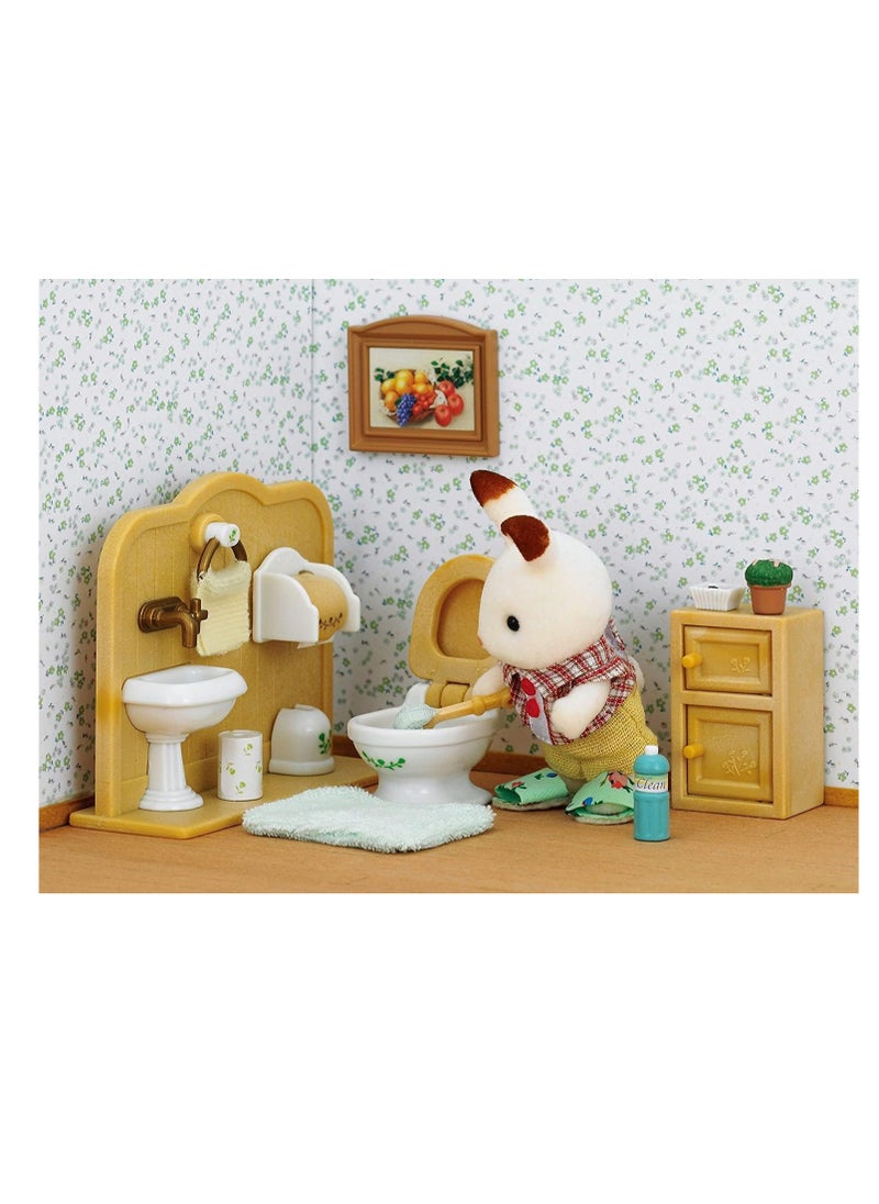 Sylvanian Families - Chocolate Rabbit Brother with Bathroom Accessories | Includes Sink, Toilet, Bath Mat, Soap, and Toilet Paper | Velvety Doll, 7 cm | Ideal for Ages 3 & Up - Image 1