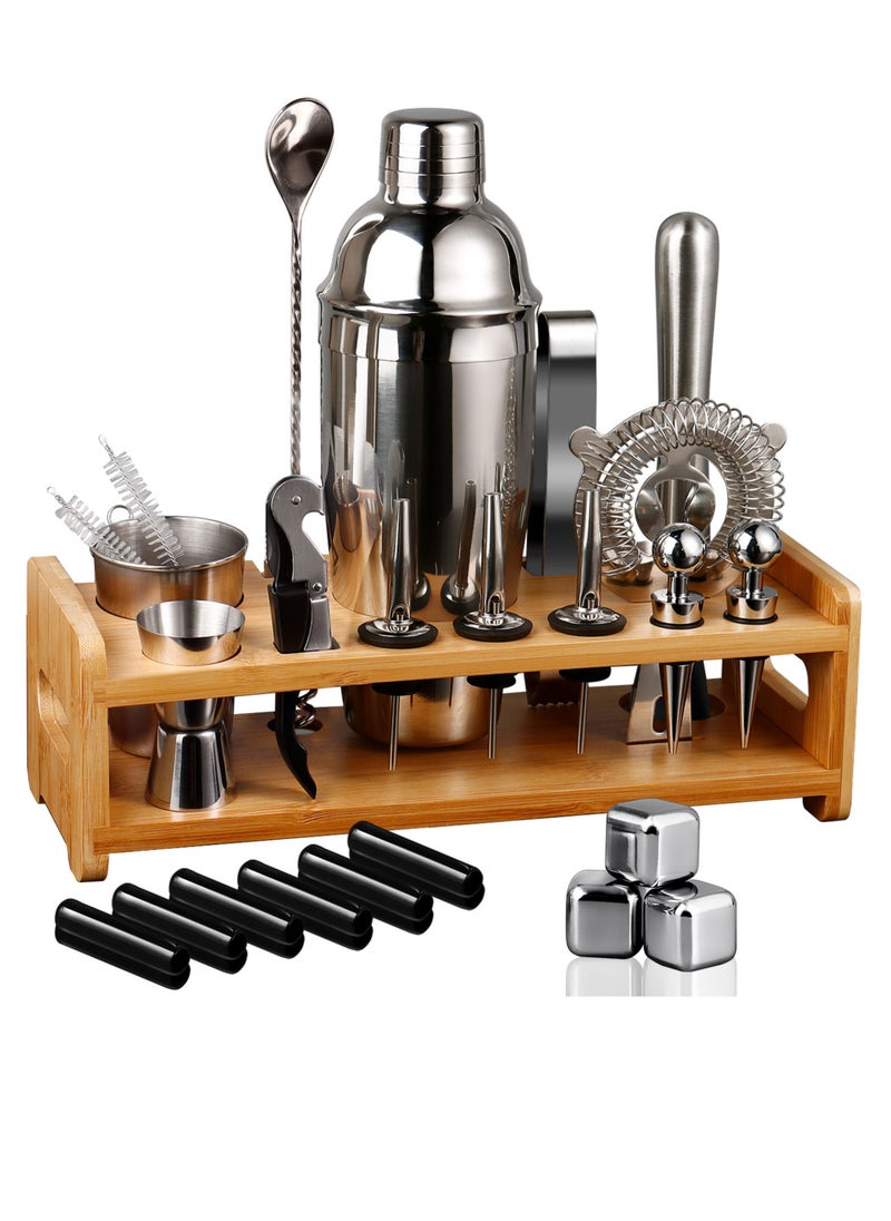 Generic - Bartender Kit Cocktail Shaker Set 26-Piece Stainless Steel Bar Set with Bamboo Stand Bar Tools Cocktail Kit for Drink Mixing Home Bar Party Gift Bartending Kit with 3 Whiskey Stones - Image 1