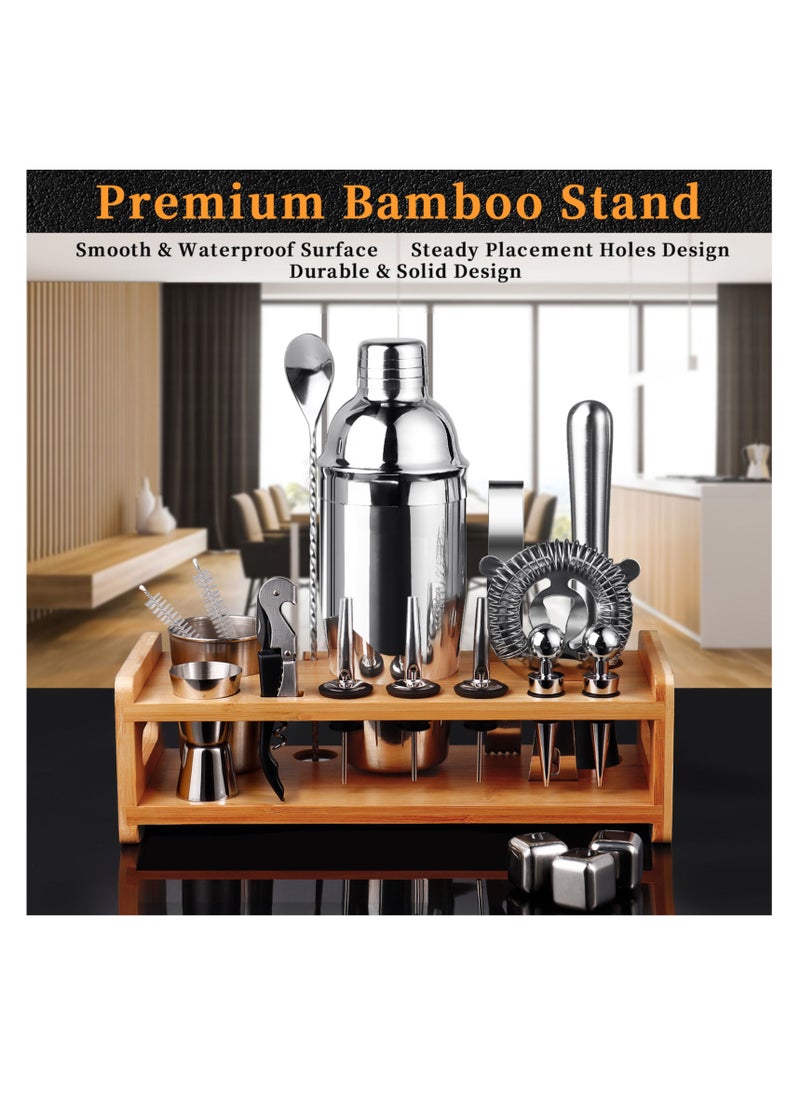 Generic - Bartender Kit Cocktail Shaker Set 26-Piece Stainless Steel Bar Set with Bamboo Stand Bar Tools Cocktail Kit for Drink Mixing Home Bar Party Gift Bartending Kit with 3 Whiskey Stones - Image 1