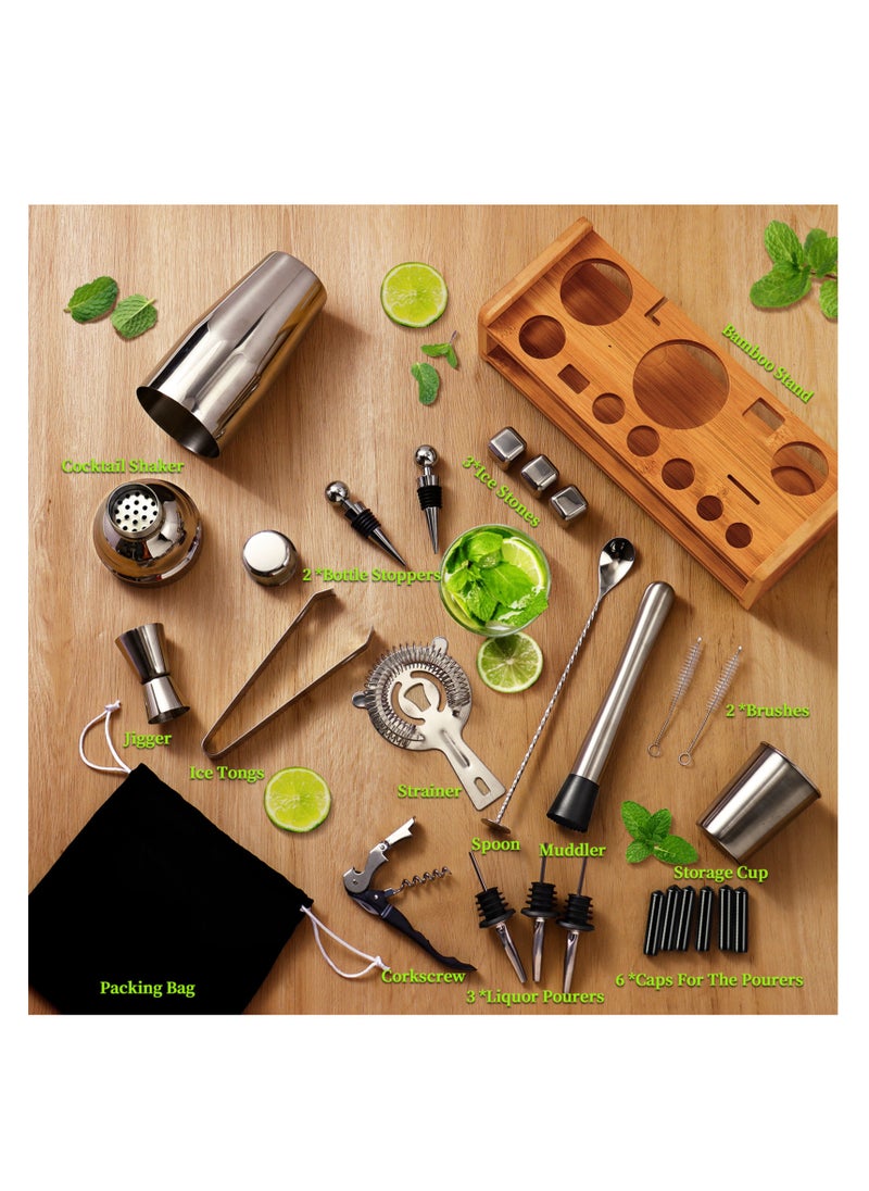 Generic - Bartender Kit Cocktail Shaker Set 26-Piece Stainless Steel Bar Set with Bamboo Stand Bar Tools Cocktail Kit for Drink Mixing Home Bar Party Gift Bartending Kit with 3 Whiskey Stones - Image 1
