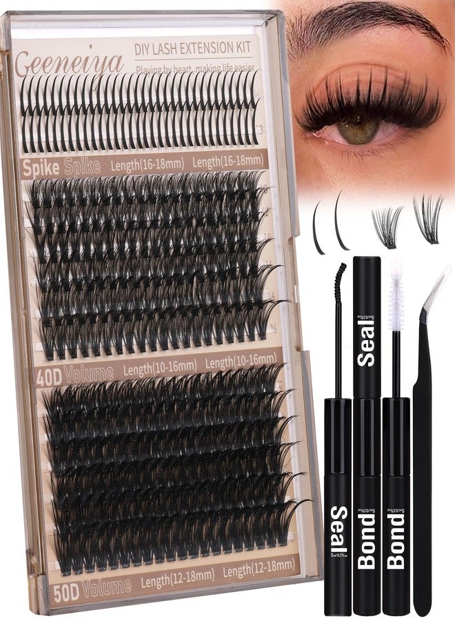 Geeneiya Volume Lash Clusters Kit with 16-18MM Spikes Eyelash Clusters 10-18MM DIY Lash Extension Kit D Cluster Eyelash Extensions Individual Lashes with Lash Bond and Seal, Tweezers for Beginners - Image 1