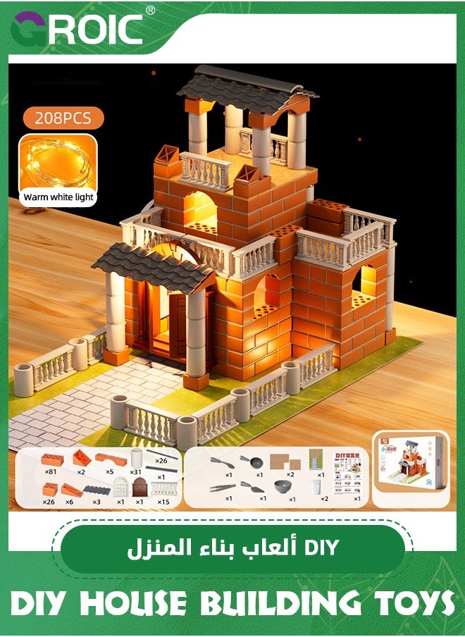 GROIC - House Building Set for Kids, 208 Pcs Bricklayer DIY House Building Toys with String Lights, STEM Building House Toy for Toddlers, Construction House Kit Creative Building Playset House Model - Image 1