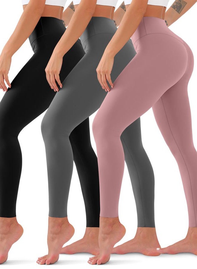 QUXIANG 3 Pack High Waisted Leggings for Women No See Through Yoga Pants Tummy Control Leggings for Workout Running Buttery Soft (Black/Grey/Pink, L/XL) - Image 1
