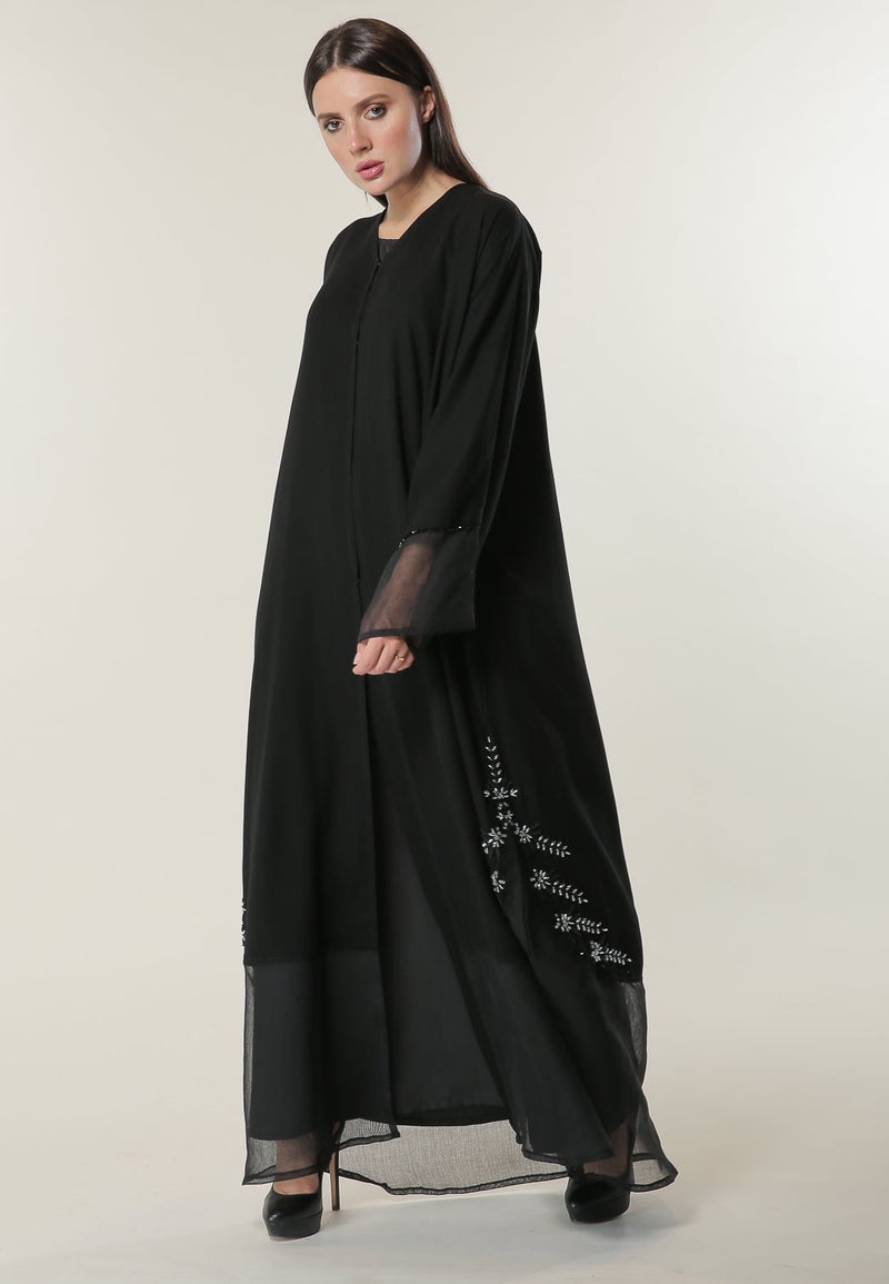 Moistreet Embroidered Mesh Detailed Abaya - Image 1
