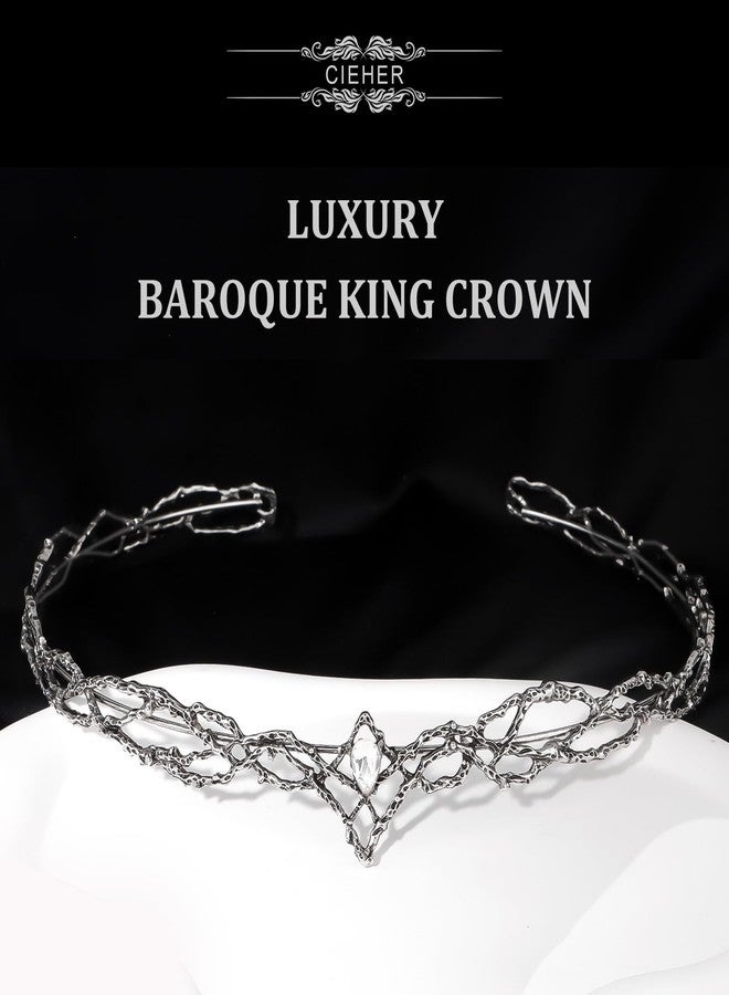 CIEHER Vintage Hobbit Elf King Black Crown Shape White Crystal Large Round Crown, Black Tiara Costume Headbands for Women Men Birthday Party Prom Cosplay - Image 2