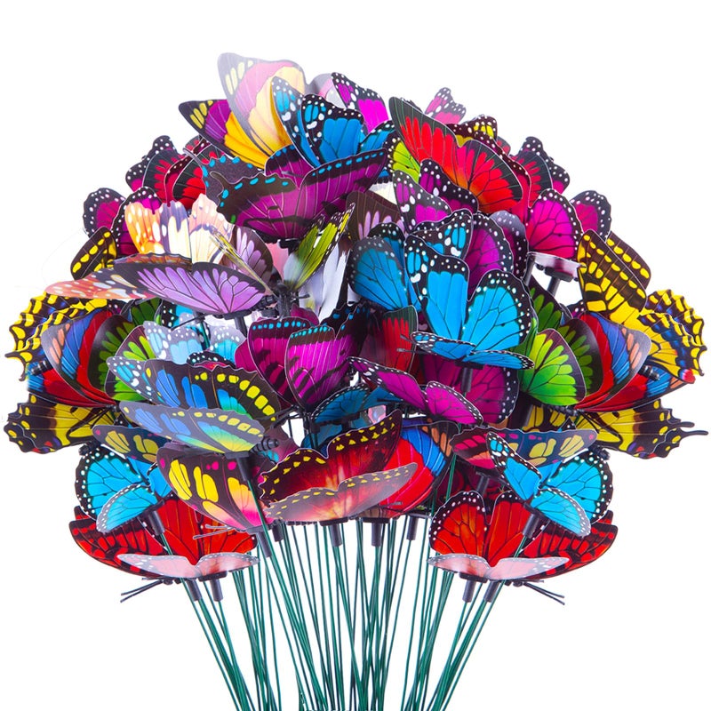 VGoodall VGOODALL 50pcs Butterfly Garden Decorations 115 inch Plastic Butterfly Stakes Ornaments Artificial Butterflies for Flower Bouquet Arrangements Crafts Outdoor Wall Patio Plant Yard Decor 