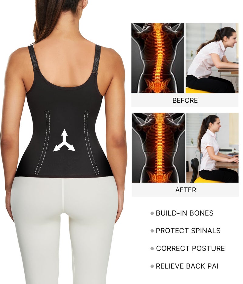 Nebility Women Waist Trainer Corset Zipper Vest Body Shaper Cincher Tank Top with Adjustable Straps (S, Black) - Image 4