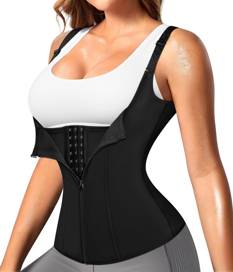 Nebility Women Waist Trainer Corset Zipper Vest Body Shaper Cincher Tank Top with Adjustable Straps (S, Black) - Image 1