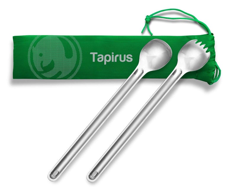 Tapirus Long Spork and Long Spoon Set | Deep Reach Stainless Steel Eating Utensils for MRE Bag | Keep Hands Clean and Away from Heat | Carry Bag Ideal for Hiking, Camping, Backpacking - Image 1