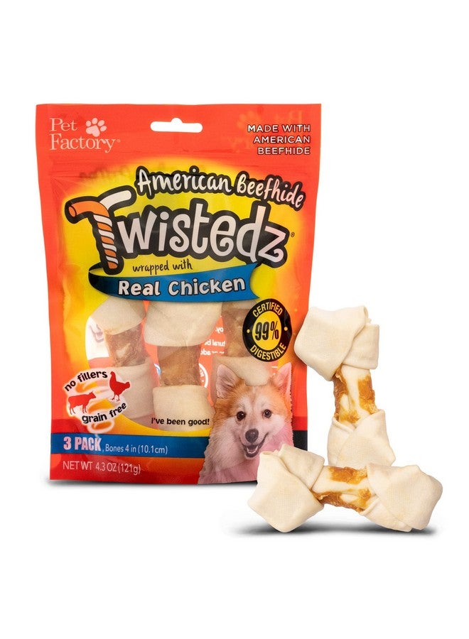 Pet Factory Twistedz American Beefhide 4-5" Knotted Bones Dog Chew Treats w/ Real Chicken Meat Wrap - 3 Count/1 Pack - Image 1