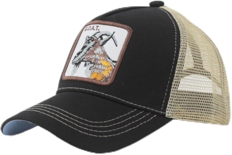 Mesh Trucker Cap with Goat Patch, Black and Beige, Snapback Baseball Hat