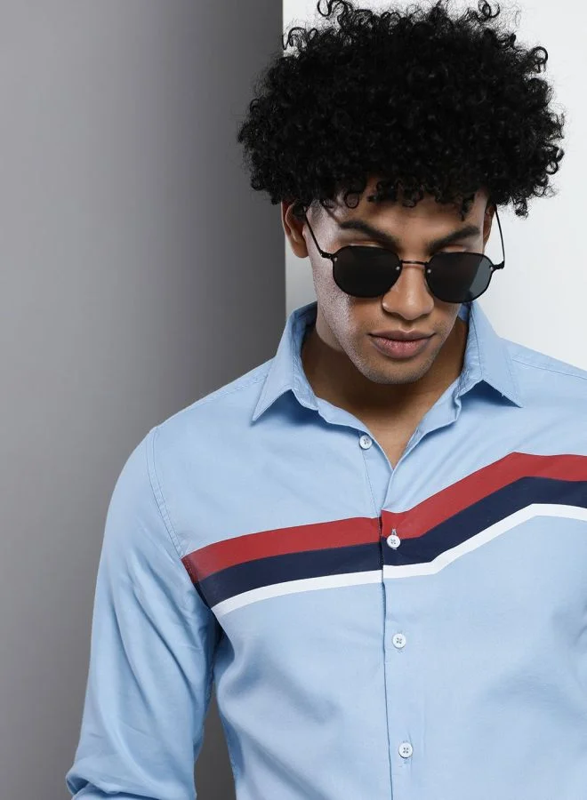 شركة المرآب الهندية قميص رجالي بقصة ضيقة وطبعة موضعية وأكمام كاملة وياقة مفتوحة كاجوال