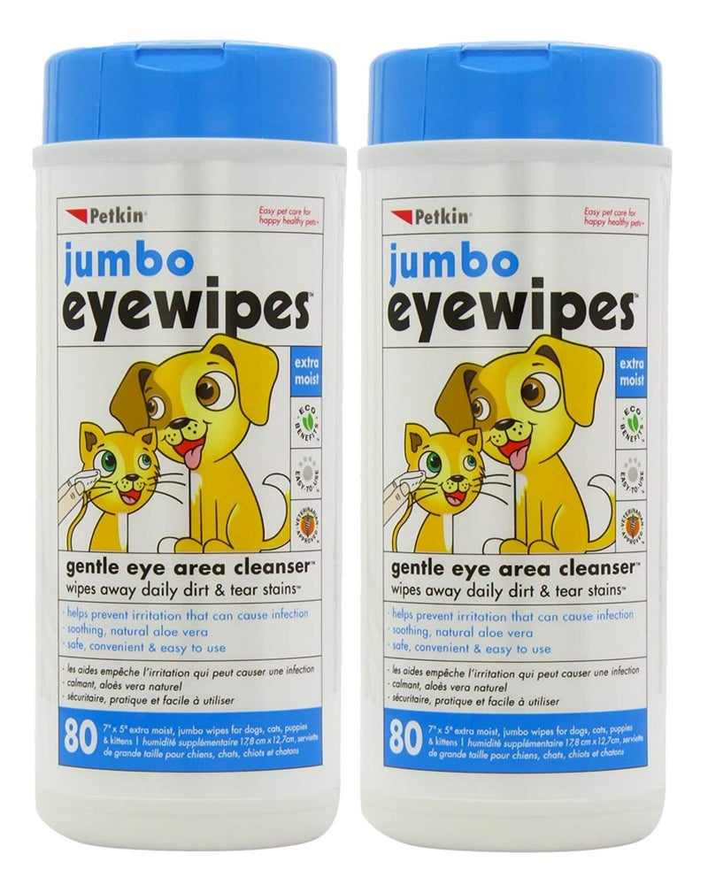 Petkin Jumbo Pet Eye Wipes, 80 Extra Moist Wipes, 2 Pack - Natural Formula Gently Removes Dirt, Discharge, & Tear Stains - Safe, Convenient, & Easy to Use Pet Wipes for Dogs, Cats, Puppies & Kittens - Image 1