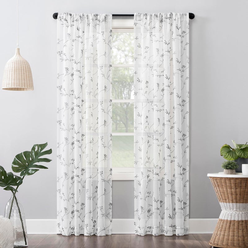 No 918  56509 Delia Embroidered Floral Sheer Rod Pocket Curtain Panel 50 x 63 White