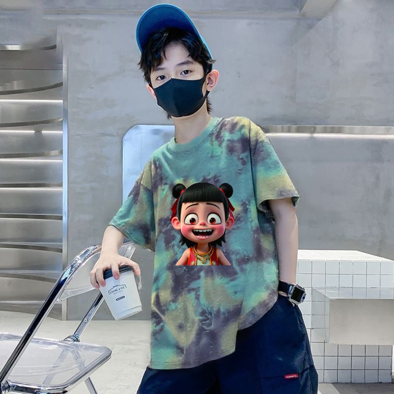 Boys' Short-Sleeved T-Shirt Summer Thin Children'S Tie-Dyed Internet-Famous Pure Cotton Top Big Children'S Summer Fashion T - Image 1