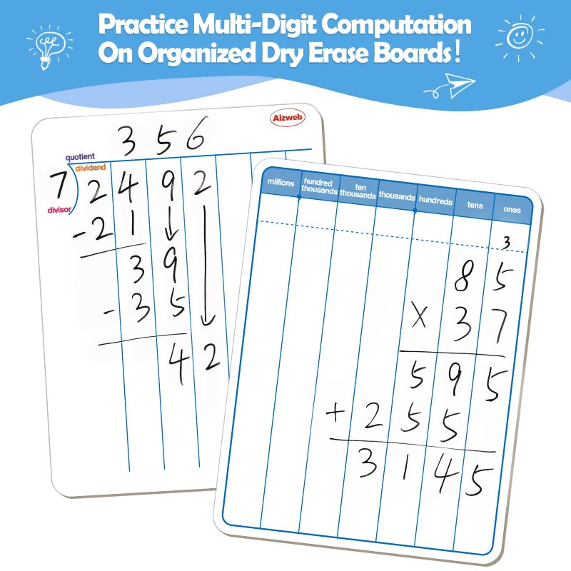 Aizweb Dry Erase Long Division White Board,9 x 12 Multi-Digit Computation Double-Sided Dry Erase Board,Math Manipulatives Whiteboard for Students,Classroom and Home,Small White Board(Division) - Image 3