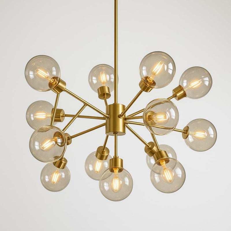 Modern Sputnik Chandelier with 15 Glass Globe Lights – Gold Finish, Mid-Century Ceiling Light Fixture - Image 1