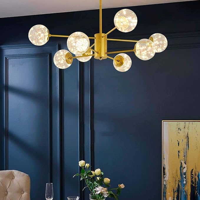 Modern Sputnik Chandelier with 15 Glass Globe Lights – Gold Finish, Mid-Century Ceiling Light Fixture - Image 4