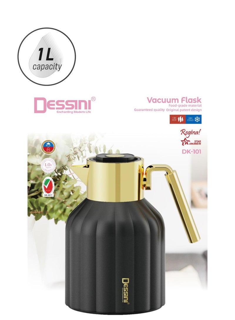 DESSINI Dessini Tea & Coffee Vacuum Flask 1L Dk101 Black/Gold  - Image 1