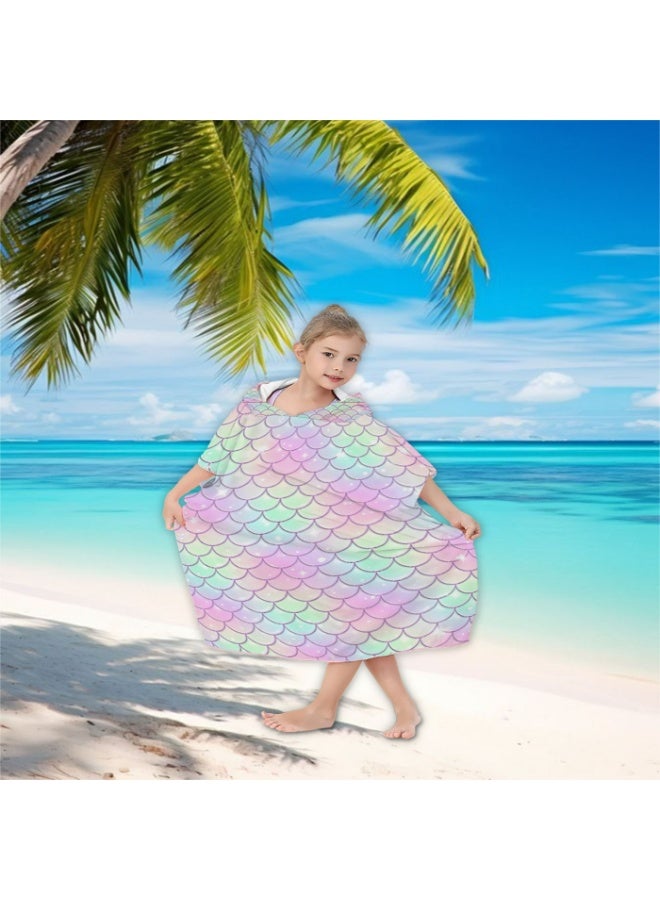 Pale White Base Full Printed Holographic Macaron Gradient Mermaid Scale Star Glitter Unisex Kids Hooded Quick Dry Poncho Towel, Polyester Soft Water Absorbent Loose Windproof Bath Wrap for All Kids, Ideal for Beach, Swimming Pool, Hot Spring & Daily Shower - Image 4