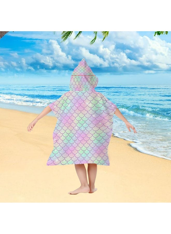 Pale White Base Full Printed Holographic Macaron Gradient Mermaid Scale Star Glitter Unisex Kids Hooded Quick Dry Poncho Towel, Polyester Soft Water Absorbent Loose Windproof Bath Wrap for All Kids, Ideal for Beach, Swimming Pool, Hot Spring & Daily Shower - Image 1