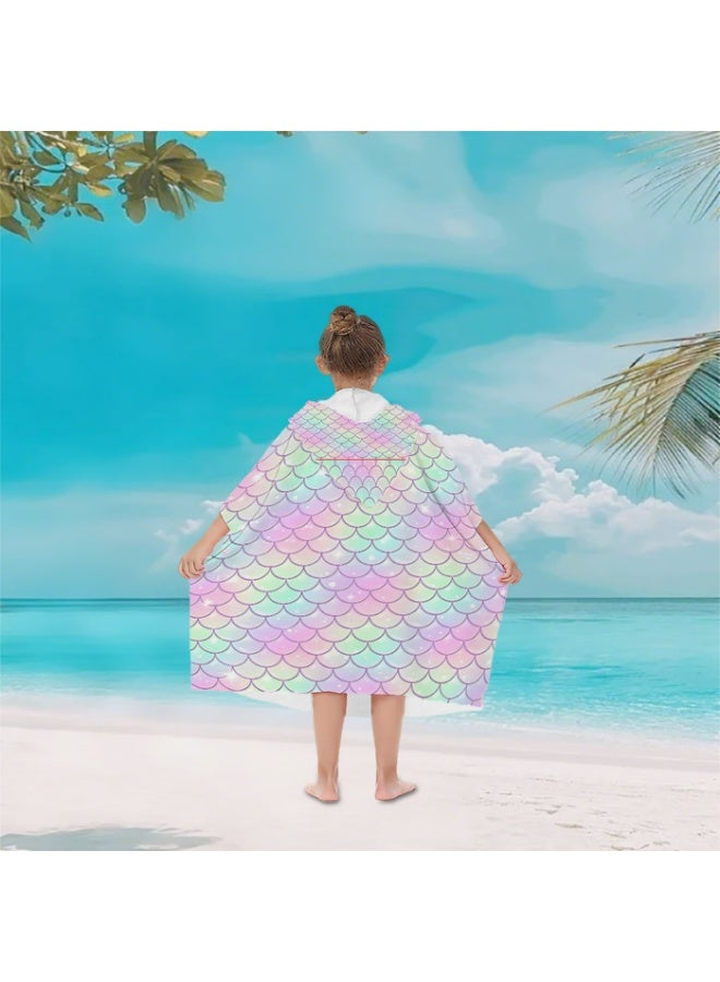 Pale White Base Full Printed Holographic Macaron Gradient Mermaid Scale Star Glitter Unisex Kids Hooded Quick Dry Poncho Towel, Polyester Soft Water Absorbent Loose Windproof Bath Wrap for All Kids, Ideal for Beach, Swimming Pool, Hot Spring & Daily Shower - Image 5