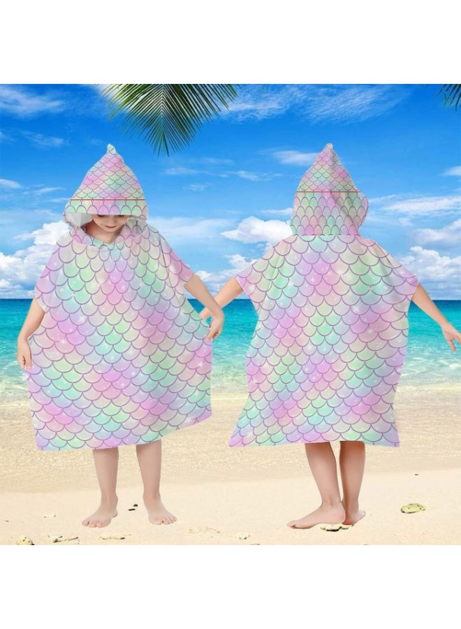 Pale White Base Full Printed Holographic Macaron Gradient Mermaid Scale Star Glitter Unisex Kids Hooded Quick Dry Poncho Towel, Polyester Soft Water Absorbent Loose Windproof Bath Wrap for All Kids, Ideal for Beach, Swimming Pool, Hot Spring & Daily Shower - Image 3