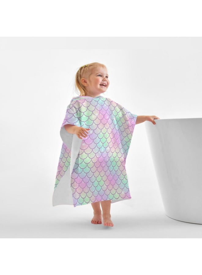 Pale White Base Full Printed Holographic Macaron Gradient Mermaid Scale Star Glitter Unisex Kids Hooded Quick Dry Poncho Towel, Polyester Soft Water Absorbent Loose Windproof Bath Wrap for All Kids, Ideal for Beach, Swimming Pool, Hot Spring & Daily Shower - Image 2