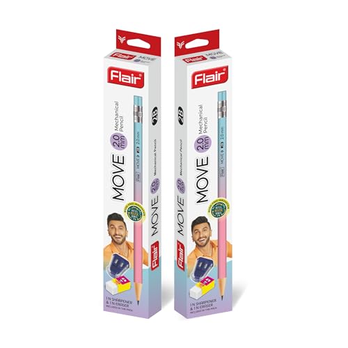 Flair Move 2.0mm Mechanical Pencil – Pack of 20 | Extra Dark 2B Lead | Refillable Eco-Friendly Pencils with 2 Sharpeners & 2 Erasers | Smooth Writing & Drawing for School, Office & Artists - Image 1