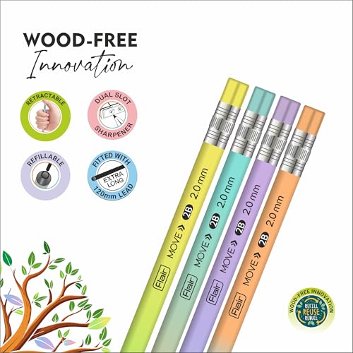 Flair Move 2.0mm Mechanical Pencil – Pack of 20 | Extra Dark 2B Lead | Refillable Eco-Friendly Pencils with 2 Sharpeners & 2 Erasers | Smooth Writing & Drawing for School, Office & Artists - Image 4