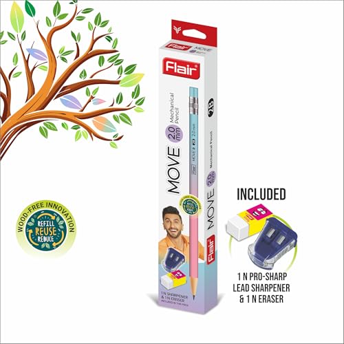 Flair Move 2.0mm Mechanical Pencil – Pack of 20 | Extra Dark 2B Lead | Refillable Eco-Friendly Pencils with 2 Sharpeners & 2 Erasers | Smooth Writing & Drawing for School, Office & Artists - Image 2