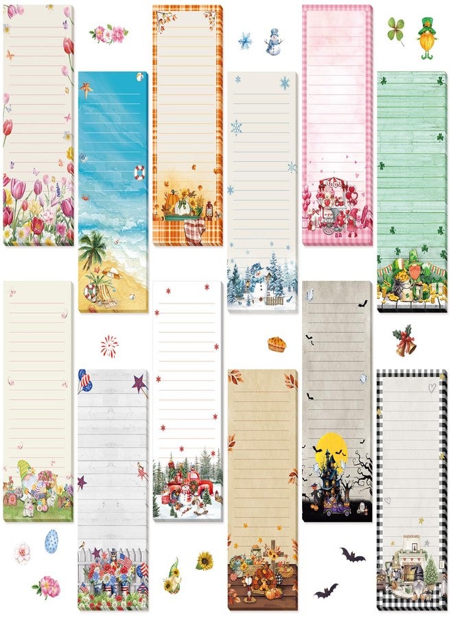 Eaasty 12 Pcs Seasonal Magnetic Notepads for Refrigerator Monthly Magnetic Grocery List 9 x 3.5 Magnet Memo Pads 30 Sheet Per Pad Shopping to Do List for January to December(Picture Style) - Image 1
