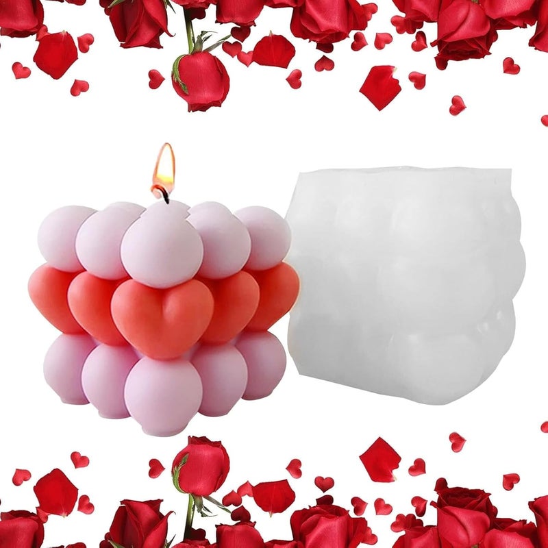 Shoppeecity 3D Bubble Heart Cube Candle Mold I 3D Fondant Bubble Rubik Cube Silicone Wax Epoxy Mould I Square Succulent Molds for DIY Handmade Chocolate Cake Dcor Aromatherapy Soap Resin Art Craft Home Decoration Bubble Heart Love Rubik - Image 1