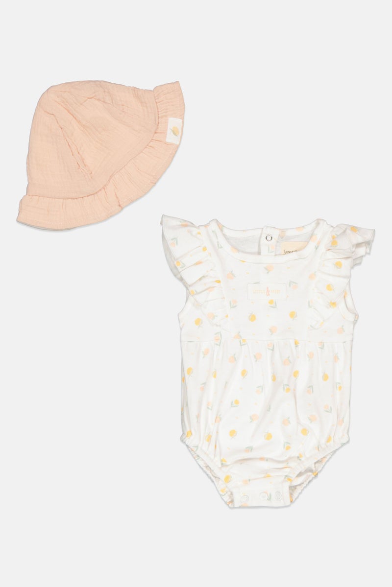 Home Grown Baby Toddlers Girl 2 Pcs Fruit Print Bodysuit And Reversible Hat Set, White  - Image 1