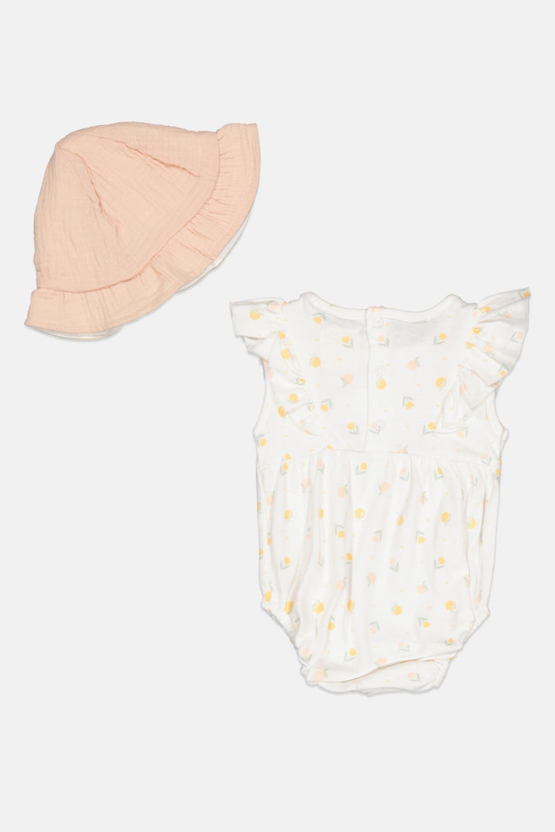Home Grown Baby Toddlers Girl 2 Pcs Fruit Print Bodysuit And Reversible Hat Set, White  - Image 2