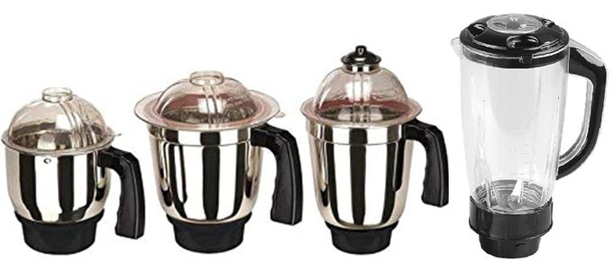 SET OF 4 MIXER JAR 3 STAINLESS STEEL AND 1 JUICER JAR MILKSHAKE JAR CHUTNEY DRY LIQUID AND JUICER JARSTANDARD MIXER JARMIXER GRINDER STEEL JAR WITH LID SASTEEL BLACK