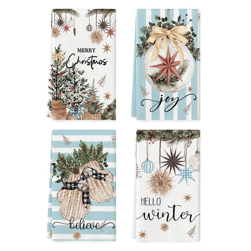Artoid Mode Blue Xmas Tree Merry Christmas Kitchen Towels Dish Towels 18x26 Inch Holiday Gloves Ball Hello Winter Decoration Hand Towels Set of 4 - Image 2