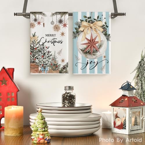 Artoid Mode Blue Xmas Tree Merry Christmas Kitchen Towels Dish Towels 18x26 Inch Holiday Gloves Ball Hello Winter Decoration Hand Towels Set of 4 - Image 3