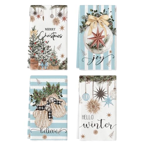 Artoid Mode Blue Xmas Tree Merry Christmas Kitchen Towels Dish Towels 18x26 Inch Holiday Gloves Ball Hello Winter Decoration Hand Towels Set of 4 - Image 1