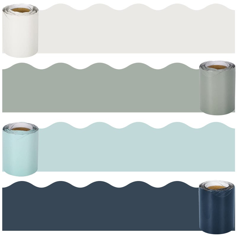 Whaline 1312Ft Bulletin Board Borders 4 Rolls Grey Blue Wave Scalloped Trim Borders Neutral Winter Holiday SelfAdhesive Label Stickers for Back to School Classroom Office Chalkboard Decoration