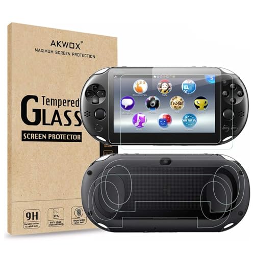 AKWOX 2 Front+2 Back Covers Screen Protectors Compatible with Sony PlayStation Vita 2000, 9H Tempered Glass Front and HD Clear PET Back Film - Image 1
