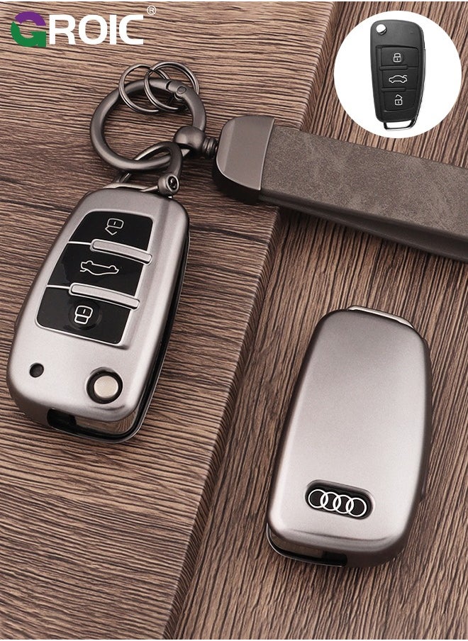 GROIC - For Audi Key Fob Cover with with Keychain, Metallic Gray Car Key Shell Case for Audi A1 A3 A6 A6L Q2 Q3 Q7 TTS R8 S6 RS3, Audi Accessories Protector Case Keychain Key Holder Key Cover (C) - Image 1