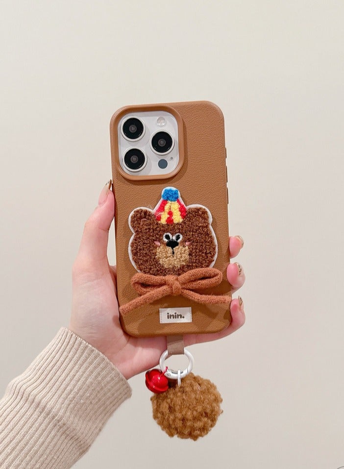 NIBEMINENT Bows And Ribbons Embroidery Protective TPU Case Cover For iPhone 16, Brown Furry Bear With Red Bell With Red Pom Pom